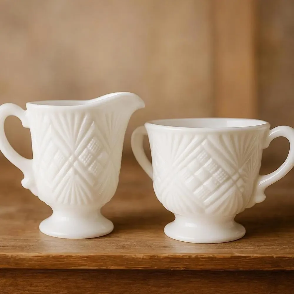 Vintage Milk Glass Creamer & Sugar Bowl Set Quilt Pattern Pedestal Base